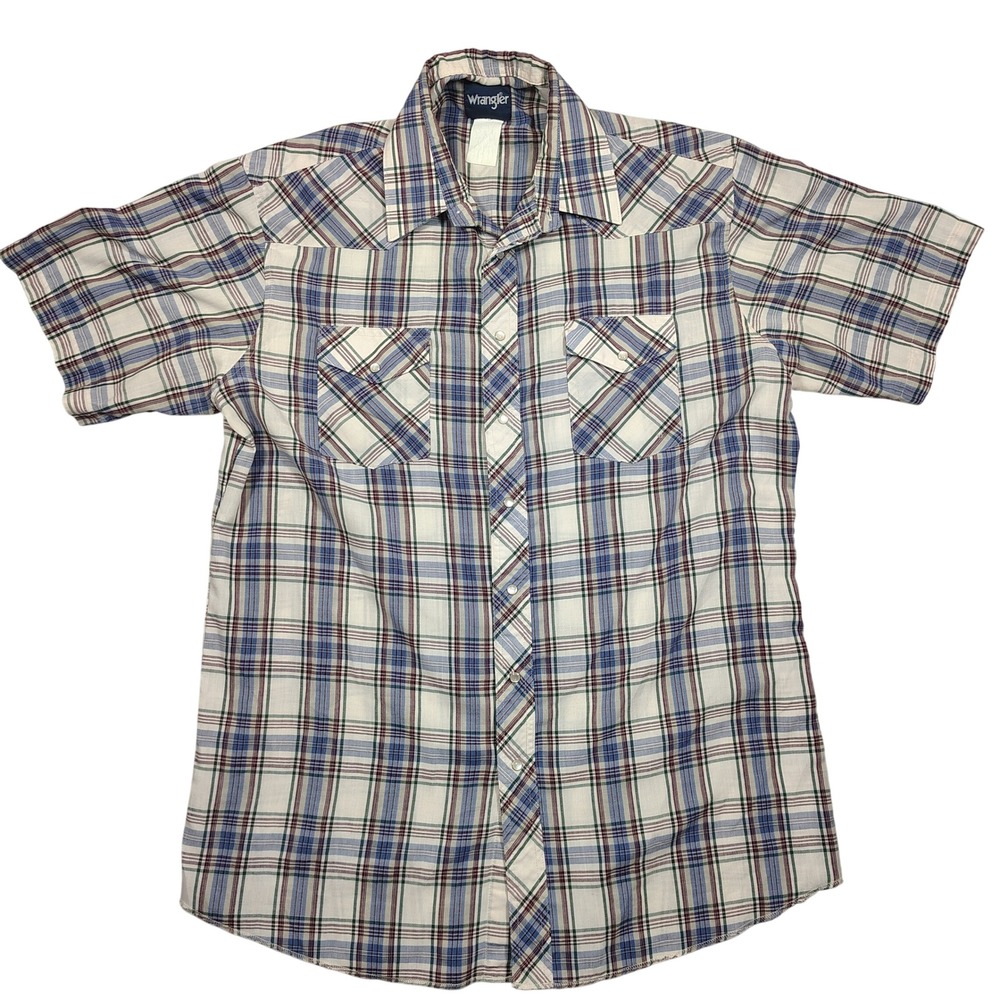 Wrangler Western Shirt Mens L Blue Plaid Pearl Snap Short Sleeve Cotton Blend
